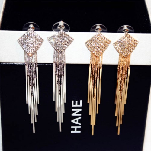 Diamonds Clover Long Chain Silver Tassel Earrings E-64S |image