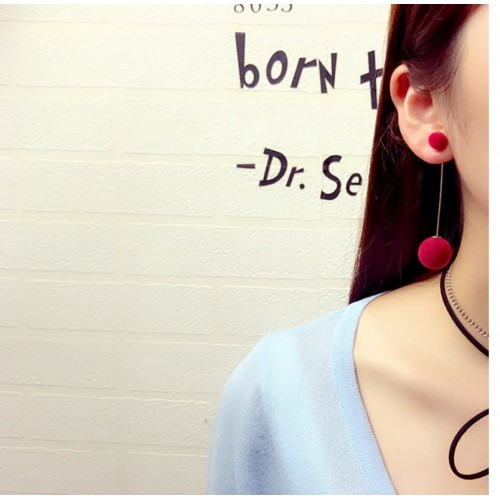 Plush Ball With Gold Chain Red Stud Earrings E-67RD |image