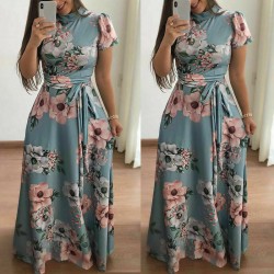 Floral Prints Short Sleeved Light Blue Casual Maxi Dress - Light Blue 