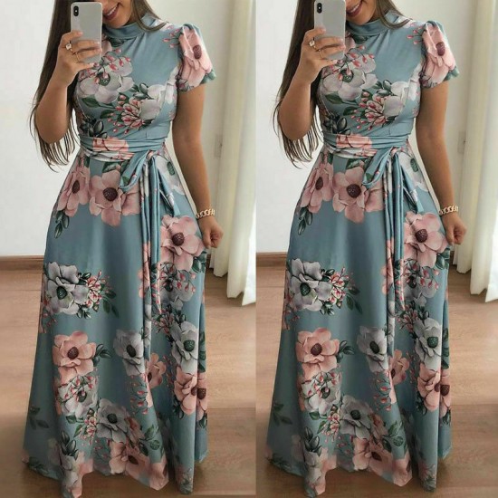 Floral Prints Short Sleeved Light Blue Casual Maxi Dress - Light Blue |image