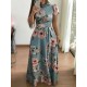 Floral Prints Short Sleeved Light Blue Casual Maxi Dress - Light Blue |image