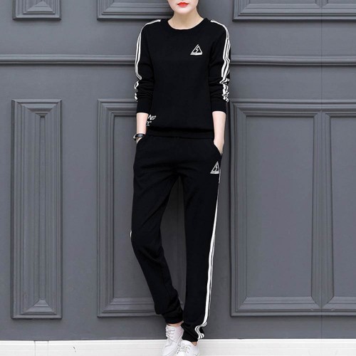 Black With White Contrast Two Piece Sweater Pants Track Suit WH-34BK |image