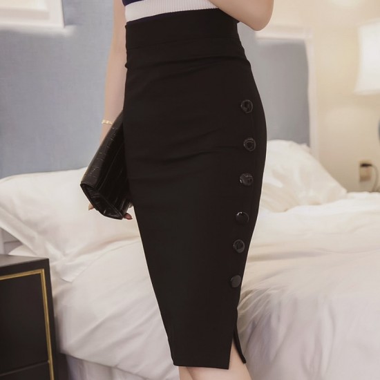 Women Split Fork Slim Side Button Black Skirt |image