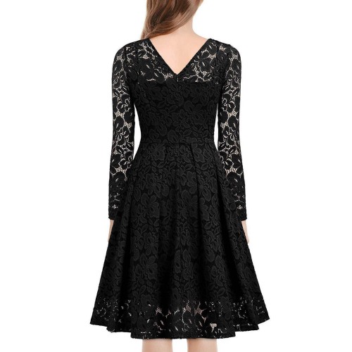 Lace Patchwork V Neck Flare Dresses - Black |image