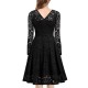Lace Patchwork V Neck Flare Dresses - Black |image