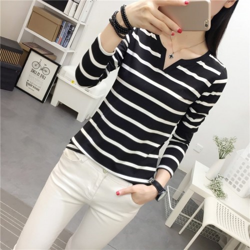Slim Stripe V-neck Long Sleeve Black T-Shirts - Back |image