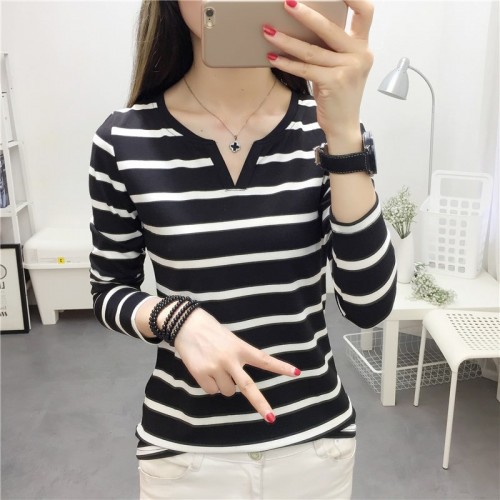 Slim Stripe V-neck Long Sleeve Black T-Shirts - Back |image