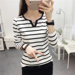 Slim Stripe V-neck Long Sleeves T Shirts - White