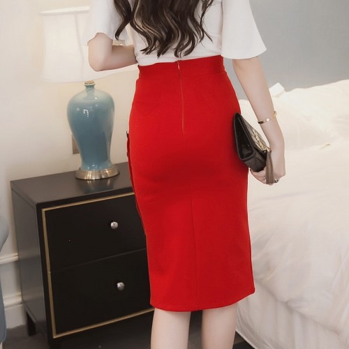 Women Split Fork Slim Side Button Red Skirt