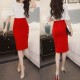 Women Split Fork Slim Side Button Red Skirt
