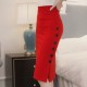 Women Split Fork Slim Side Button Red Skirt
