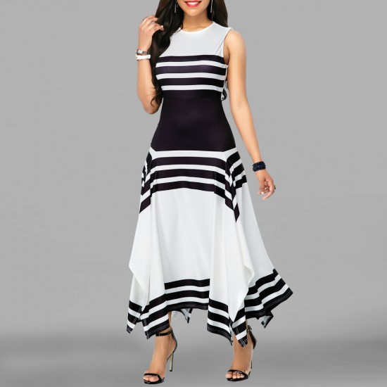 Asymmetric Printed Contrast Irregular Maxi Dress - White |image