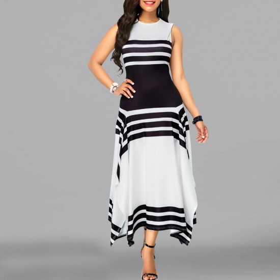 Asymmetric Printed Contrast Irregular Maxi Dress - White |image