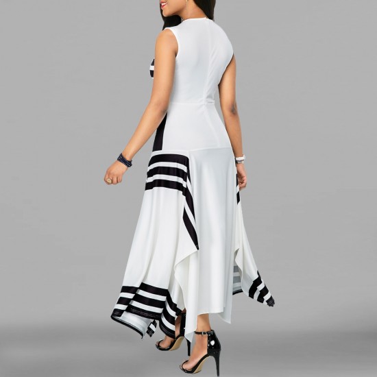 Asymmetric Printed Contrast Irregular Maxi Dress - White |image