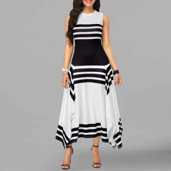 Asymmetric Printed Contrast Irregular Maxi Dress - White |image