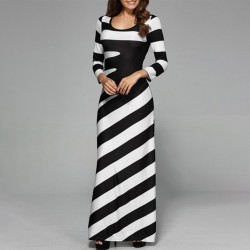 Plus Size Long Sleeve Round Black Striped Long Dress - Black 