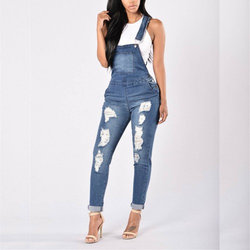 Blue Denim Ripped Jeans Pants Dress - Blue |image