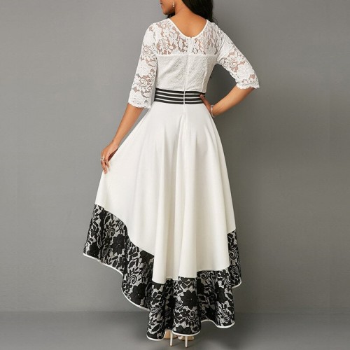 Knee Length Lace Panel White Asymmetric Hem Dress 