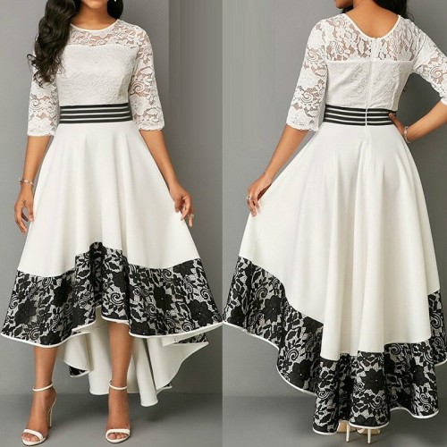 Knee Length Lace Panel White Asymmetric Hem Dress 