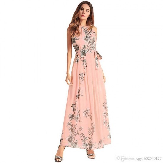 Summer Casual Chiffon Print Beachwear Dress - Pink |image