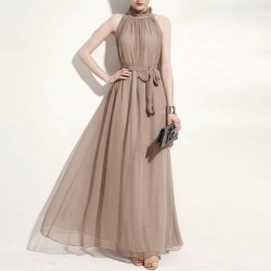 Bohemian Round Neck Grey Chiffon Long Dress - Grey 