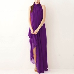 Bohemian Round Neck Green Chiffon Long Dress - Purple 