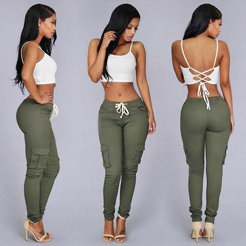 Women's Pocket Drawstring Tie Casual Pencil Pants 