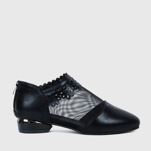 Latest Design Breathable Floral Lace Zipper Flat Shoes S-180BK |image