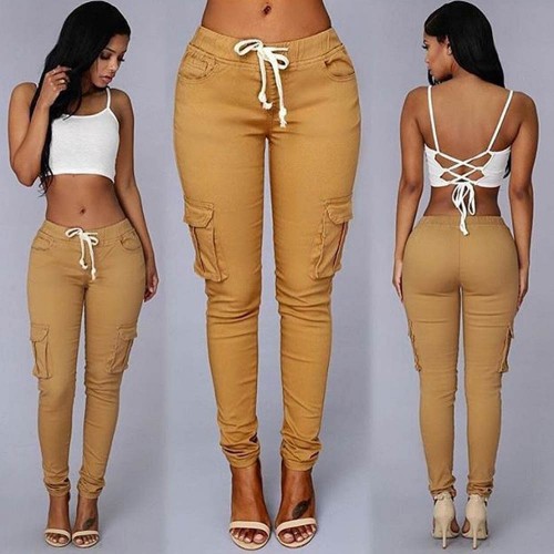 Women's Pocket Drawstring Tie Casual Pencil Pants 