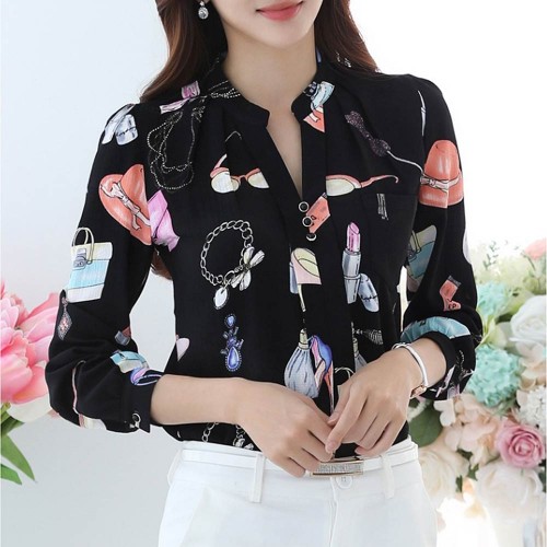 Stand Collar Slim Body Chiffon Shirt - Black |image