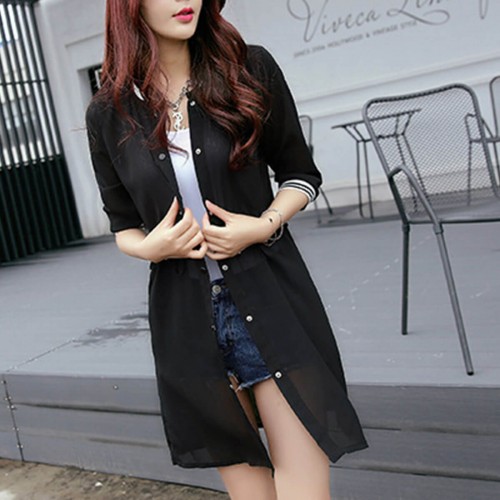 Mid Length Button Up Cotton Casual Cardigan - Black |image