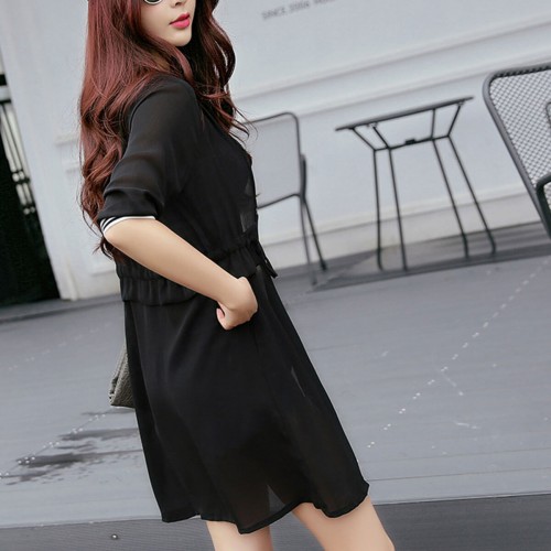 Mid Length Button Up Cotton Casual Cardigan - Black |image