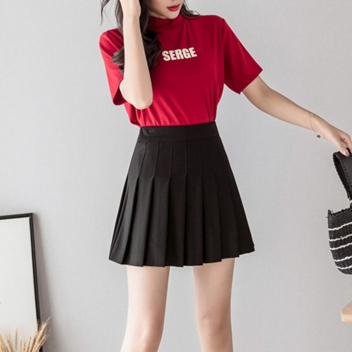 High Waist Elastic Pleated Short Skirt - Black |image