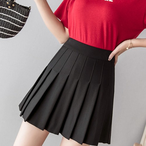 High Waist Elastic Pleated Short Skirt - Black |image