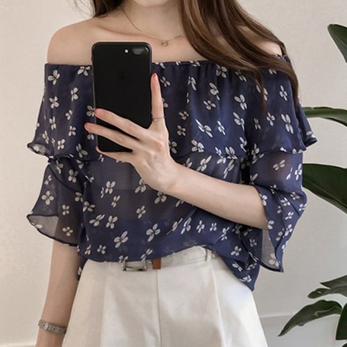 Off Shoulder Floral Printed Ruffled Chiffon Shirt-Blue |image
