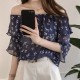 Off Shoulder Floral Printed Ruffled Chiffon Shirt-Blue |image