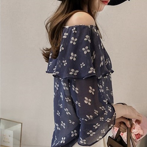 Off Shoulder Floral Printed Ruffled Chiffon Shirt-Blue |image