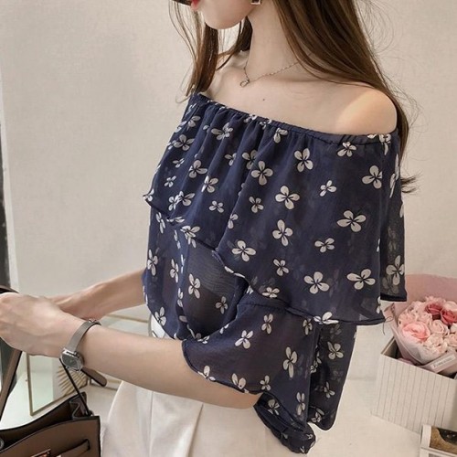 Off Shoulder Floral Printed Ruffled Chiffon Shirt-Blue |image
