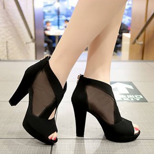 Fish Mouth High Heeled Mesh Black Sandal Shoes S-243BK |image