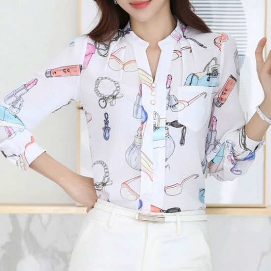 Stand Collar Slim Body Chiffon Shirt - White