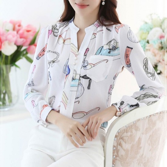 Stand Collar Slim Body Chiffon Shirt - White