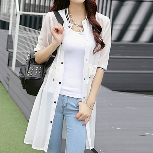 Mid Length Button Up Cotton Casual Cardigan - White |image