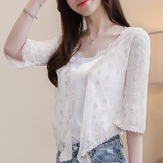 Hallow Lace Texture Shawl Mini Cardigan Shrug - White |image