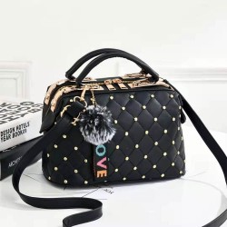 Rivets Decorated Hanging Hair Ball Square Shoulder Bag -Black 