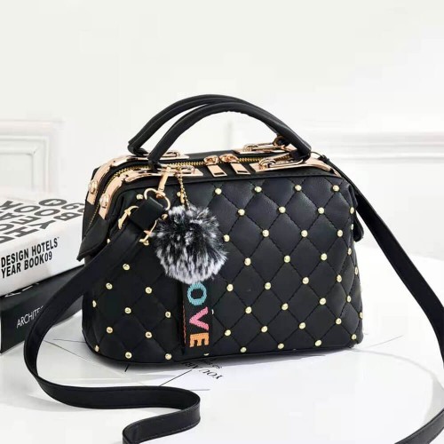 Rivets Decorated Hanging Hair Ball Square Shoulder Bag -Black |image
