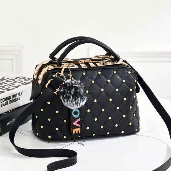 Rivets Decorated Hanging Hair Ball Square Shoulder Bag -Black Rivets Decorated Hanging Hair Ball Square Shoulder Bag -Black |image