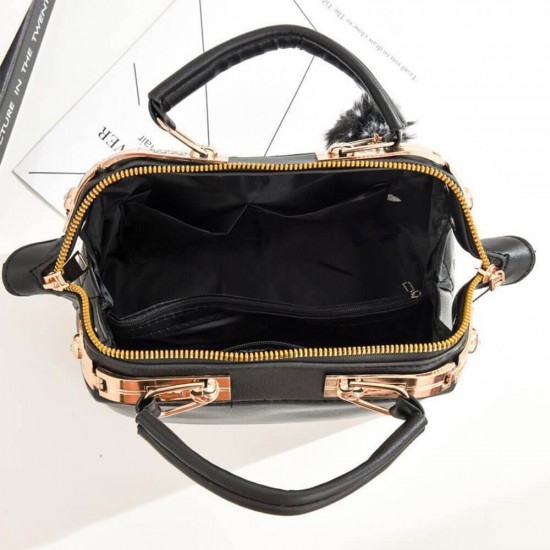 Rivets Decorated Hanging Hair Ball Square Shoulder Bag -Black Rivets Decorated Hanging Hair Ball Square Shoulder Bag -Black |image