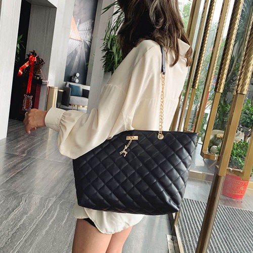 Rhombic Chain Straps Patchwork Women Hand Bag - Black |image
