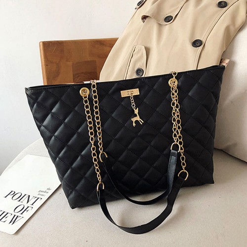 Rhombic Chain Straps Patchwork Women Hand Bag - Black |image