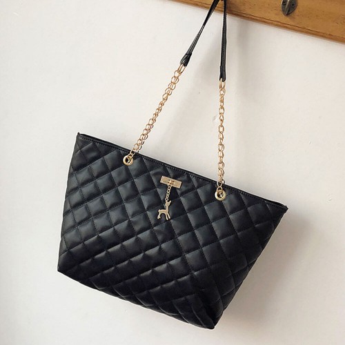 Rhombic Chain Straps Patchwork Women Hand Bag - Black |image